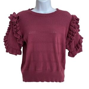 Calligraphie Raspberry Short Sleeve Top Size Medium Ruffled Puff Cropped Sweater